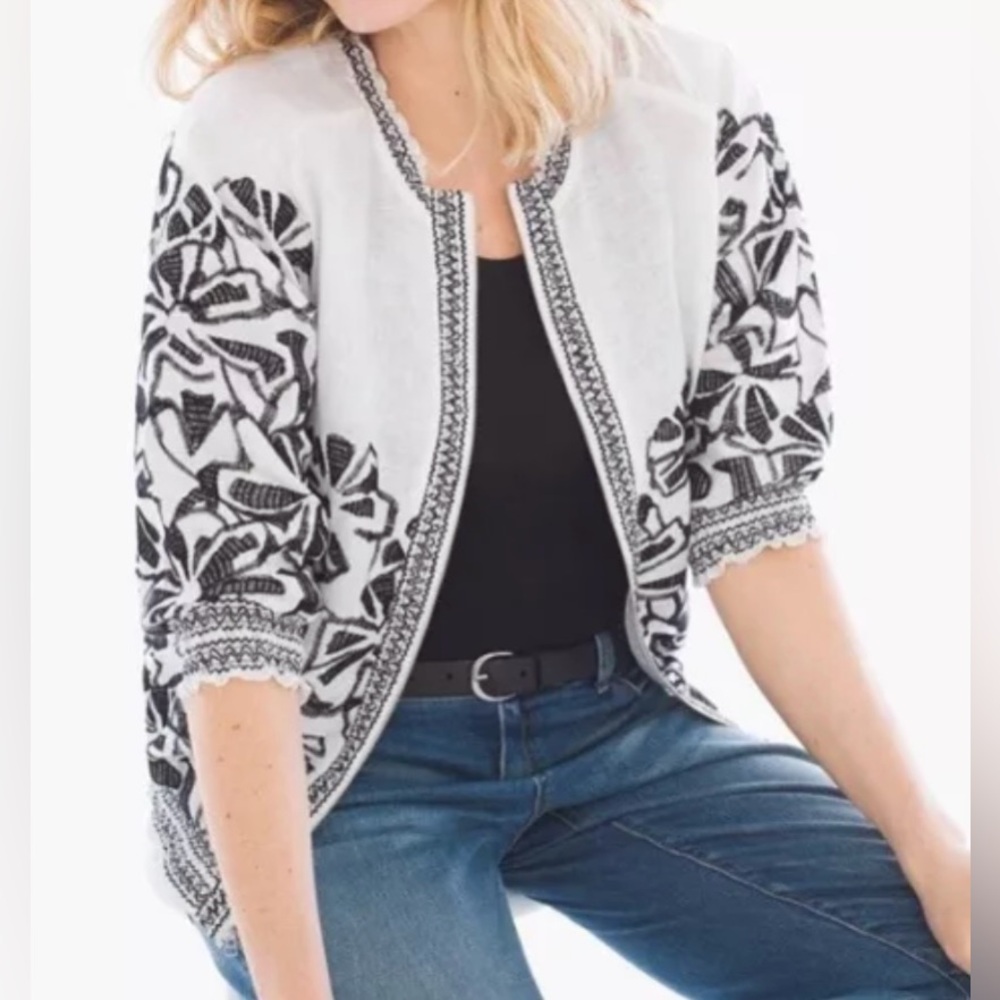 Chico's Embroidered Linen Bomber Jacket Black White 3/4 Sleeve